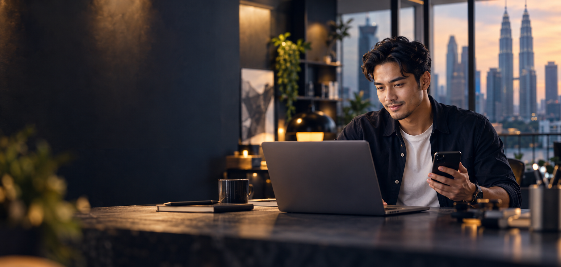 Seorang profesional muda bekerja dengan laptop dan telefon
